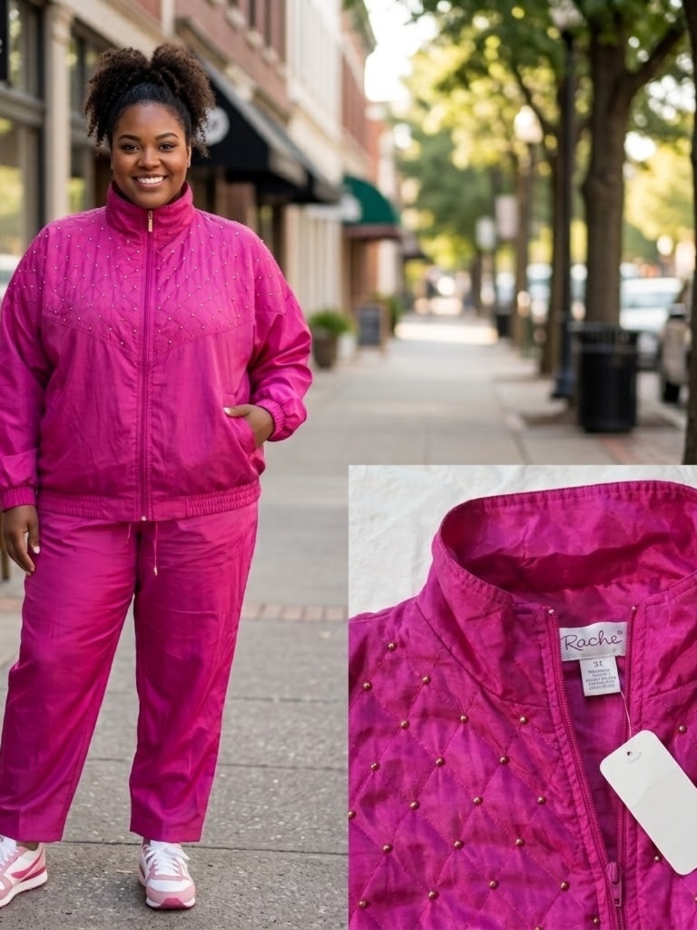 NWT Vintage 90s Rache 100% Silk Tracksuit Set - Plus Size 3X Magenta Pink Quilt